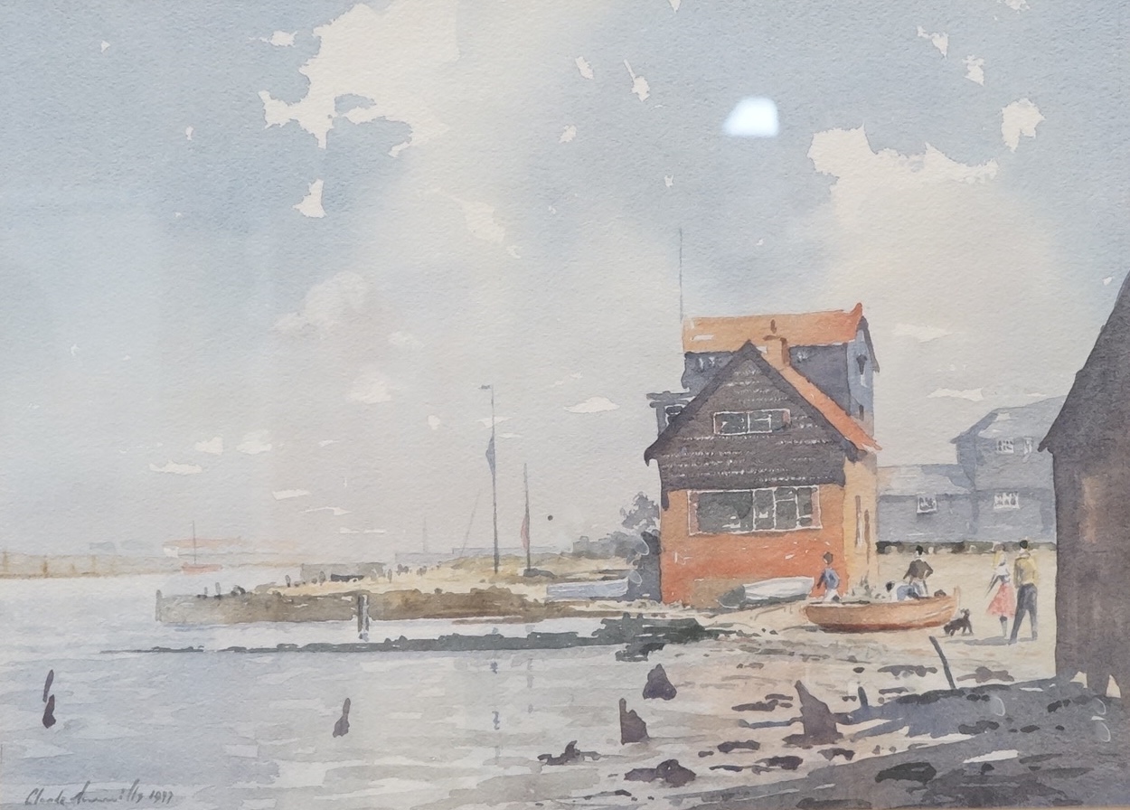 Claude Murrills (1915-2006), Croydon market scene, oil on board and coastal scene, watercolour, former 44x29cm
